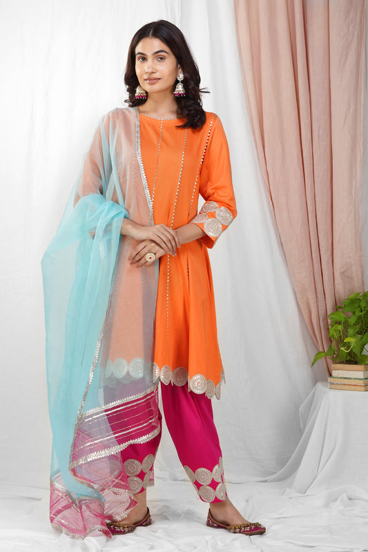 Orange Rani Pink Princess Cut Suit With Pakistani Salwar & Gota Panelled Dupatta