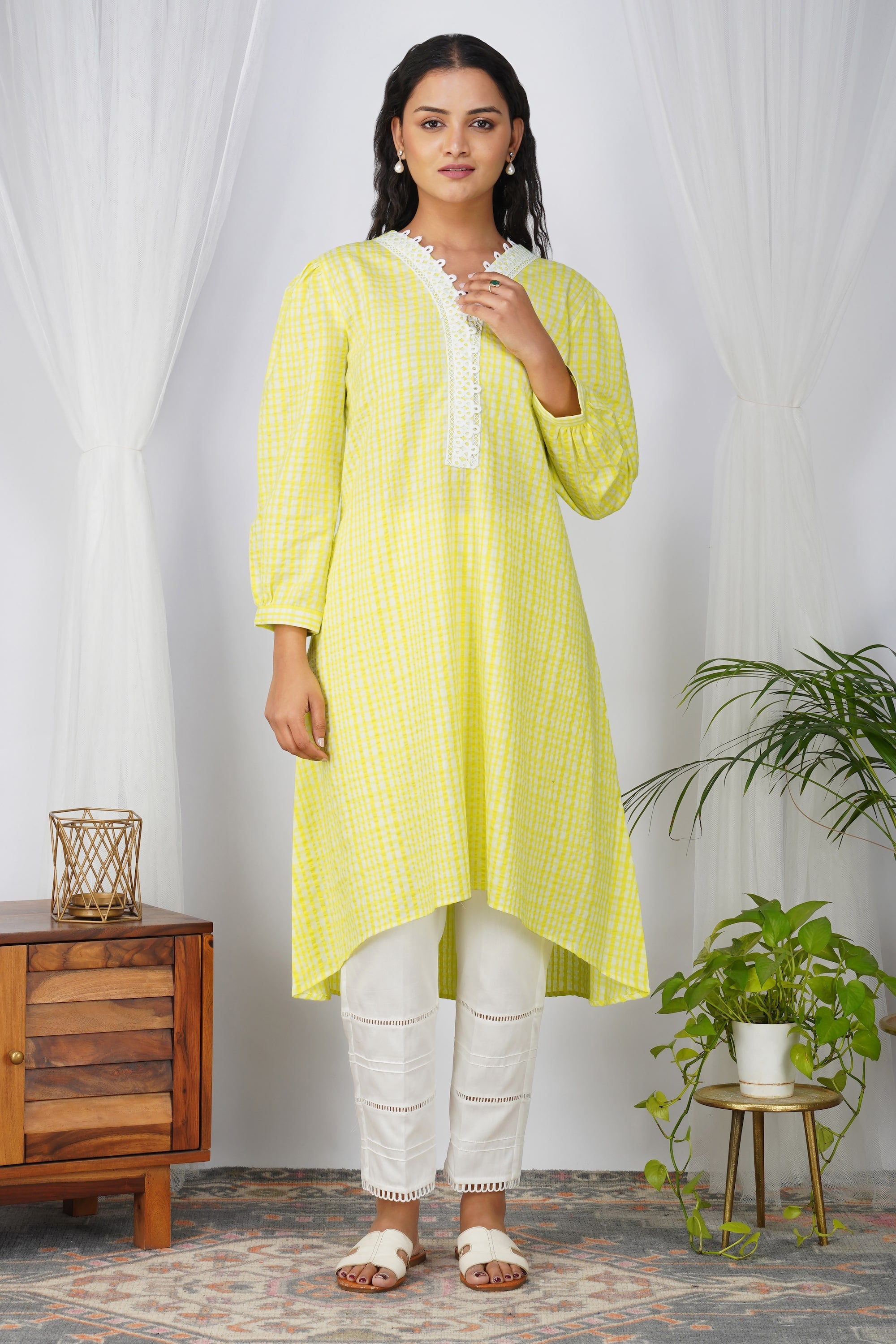 Colorburst Checks Cotton Long Kurta With Side Twist