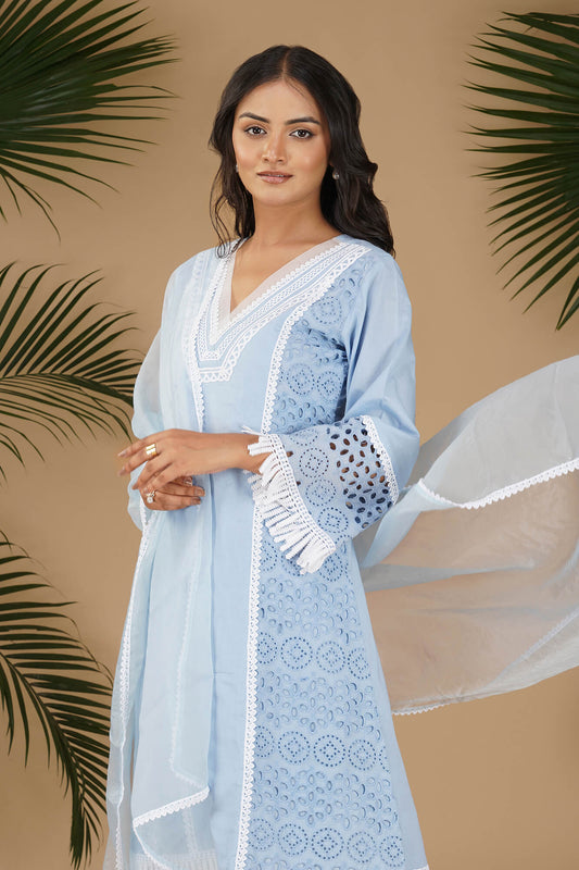 Baby Blue ISABELLA Chikan Cutwork Panelled A-line Suit Set