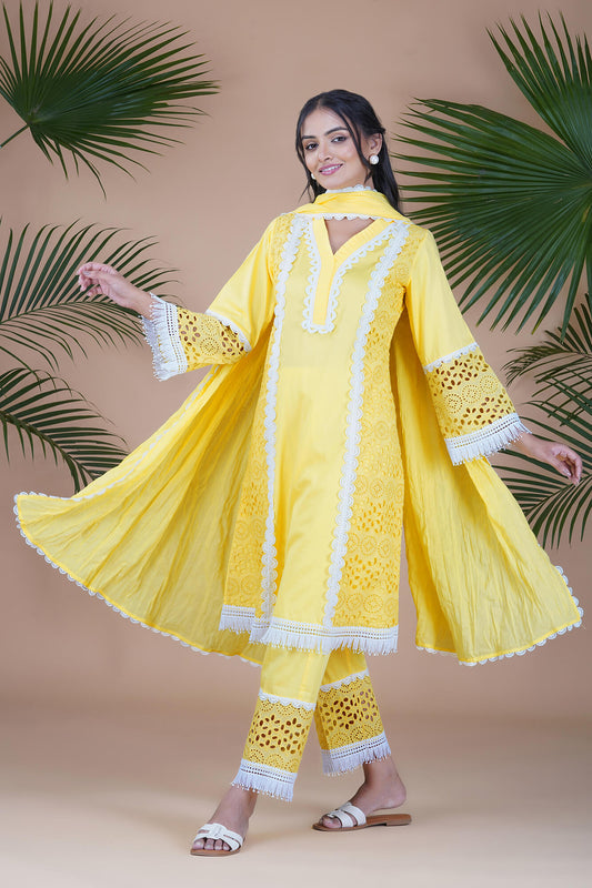 Bright Yellow ISABELLA Chikan Panelled A-line Suit Set