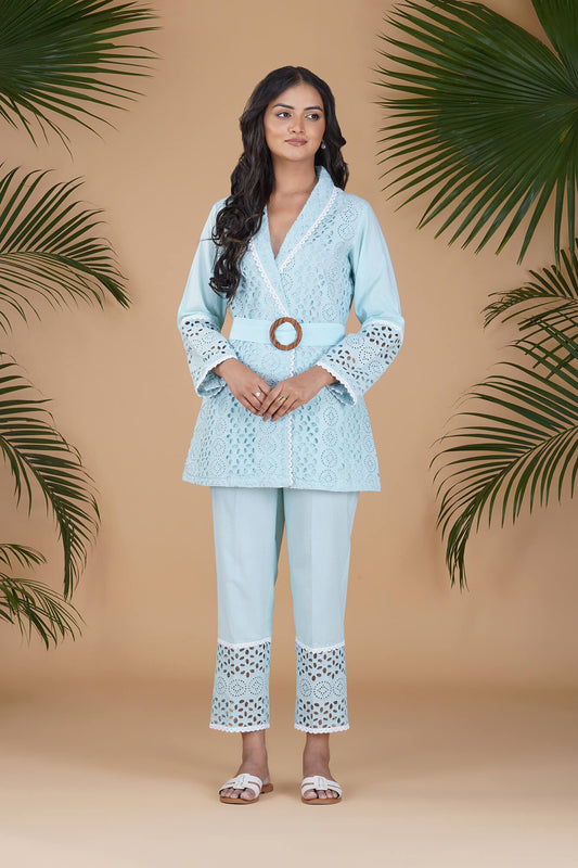 Pale Blue ISABELLA Chikan Blazer Style Co-ord Set with Belt