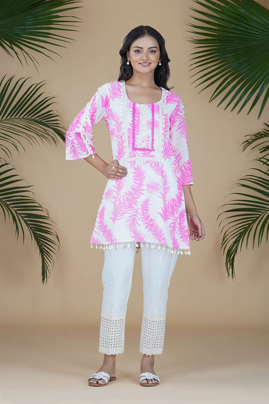 Hot Pink and White Leaf Printed Co-ord Set