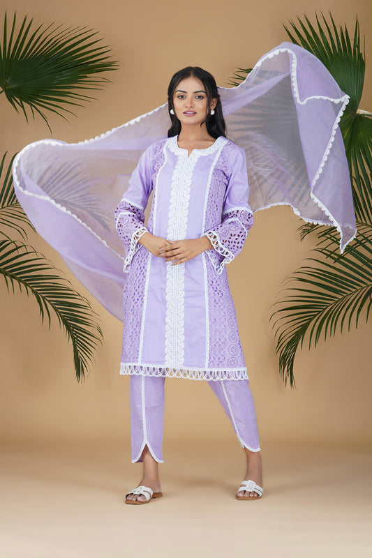 Lilac ISABELLA Chikan Panelled A-line Suit Set
