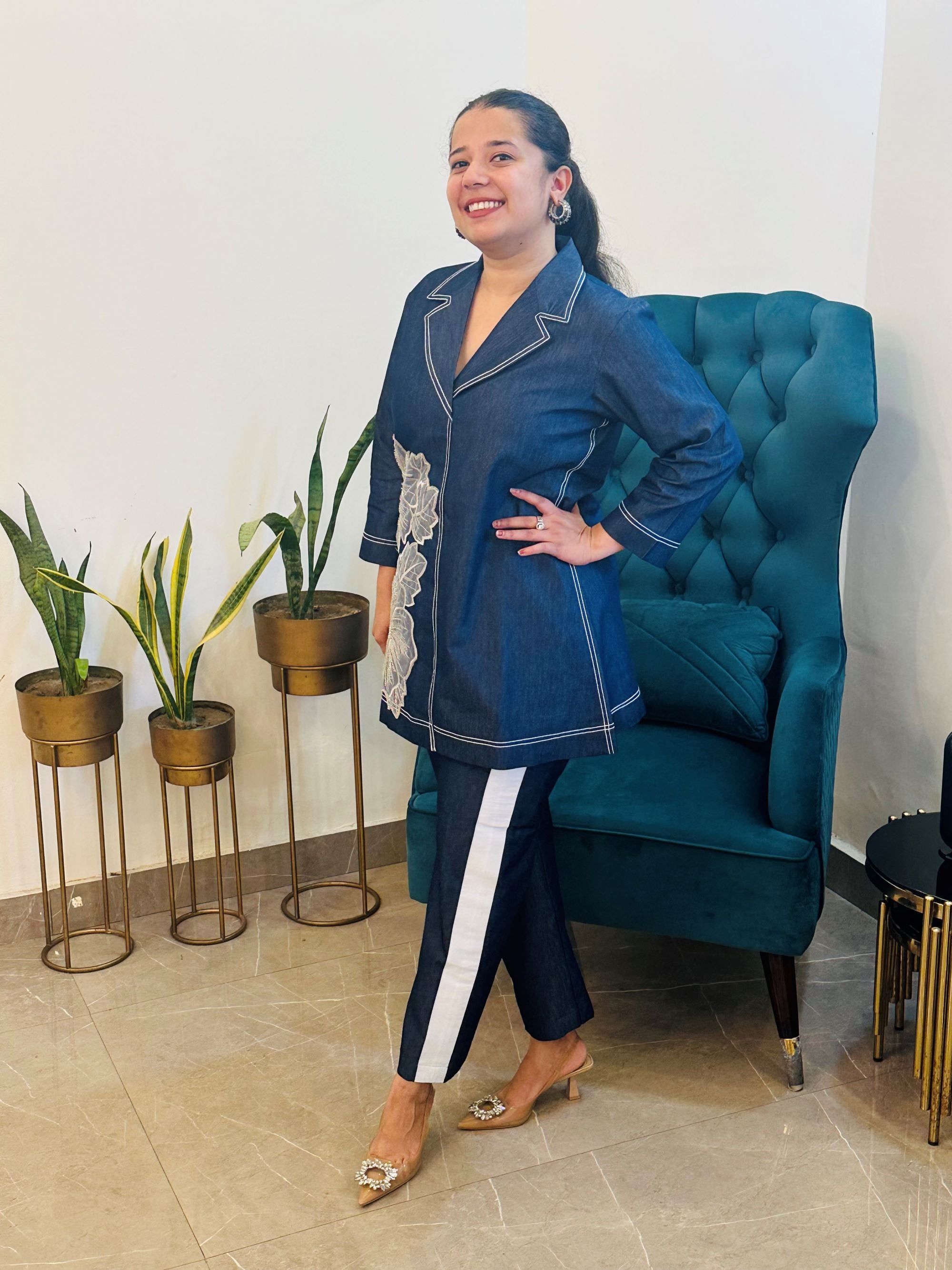 Dark Blue Rayon Long Length Office Wear Coord set with Sleek Crochet & Pearl work on Neck main image 0