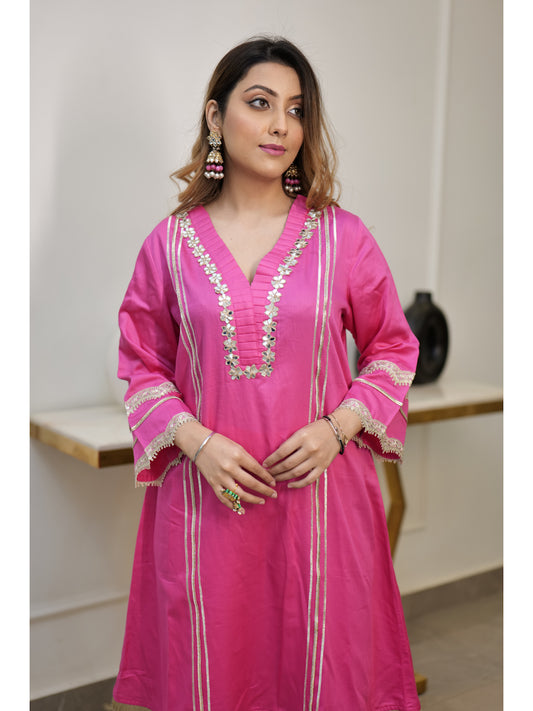 Fuchsia Pink Princess Cut Suit With Straight Fit Pants & Dupatta