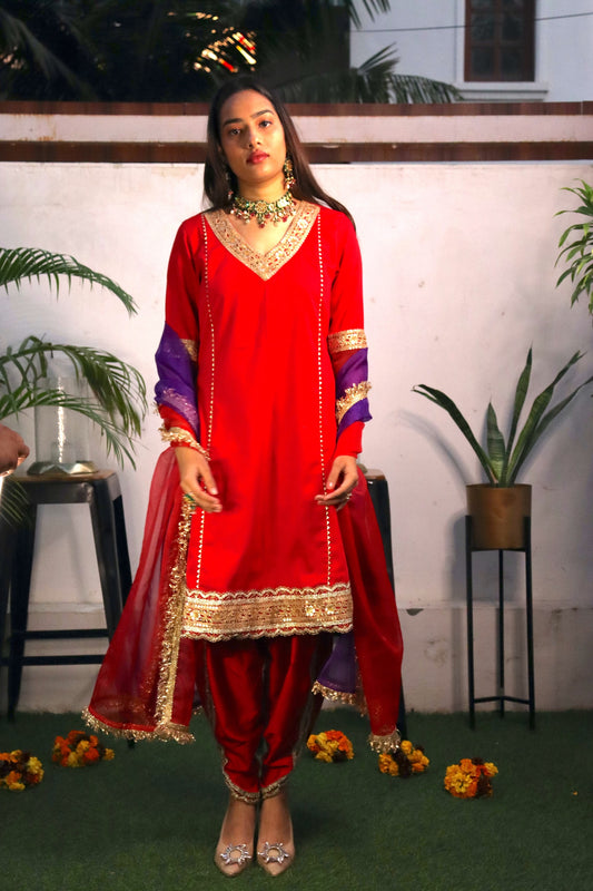 Red Princess Cut Suit With Dhoti Pants & Shaded Dupatta