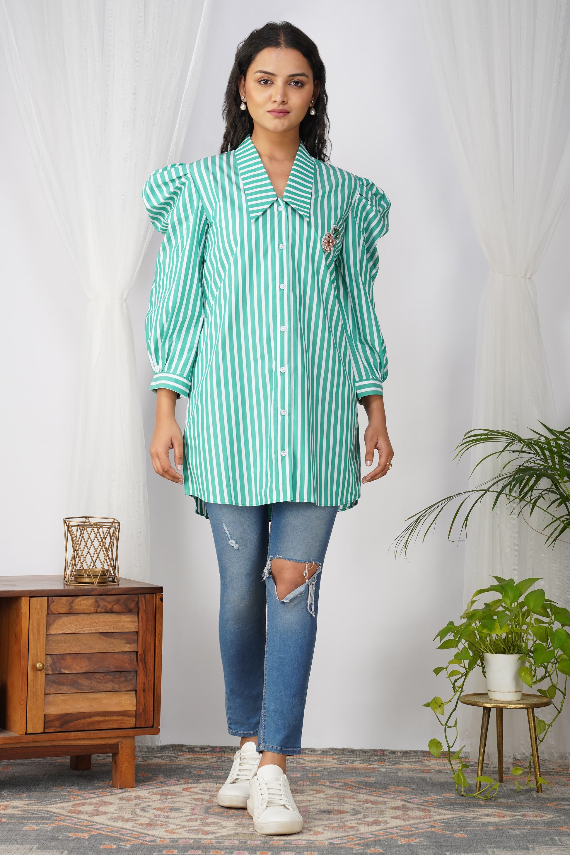 Green White Strip long Shirt - Main Image