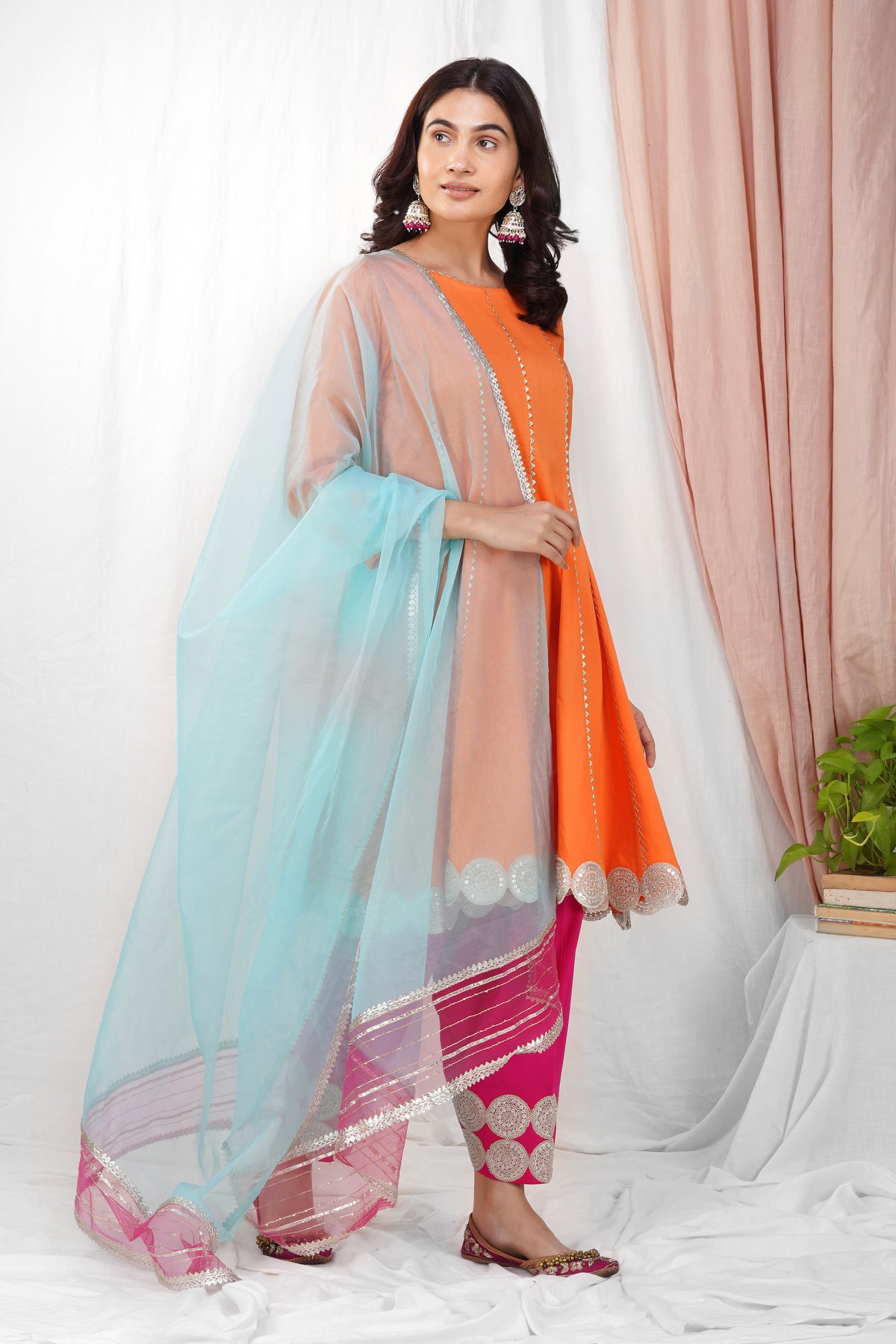 Pakistan Unti Rani Orange Rani Pink Princess Cut Suit With Pakistani Salwar & Gota Panell