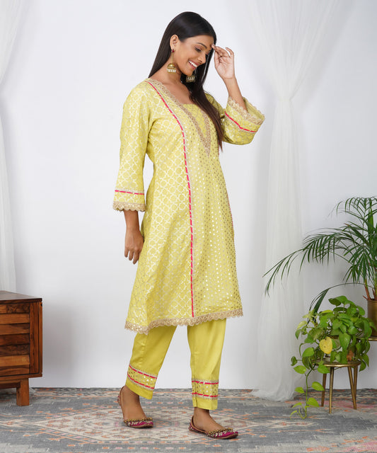 Pastel Green Chanderi Booti Embroidered Princess Cut Suit Set