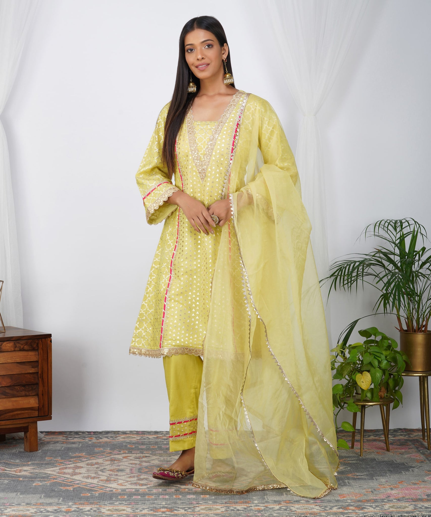 Pastel Green Chanderi Booti Embroidered Princess Cut Suit Set