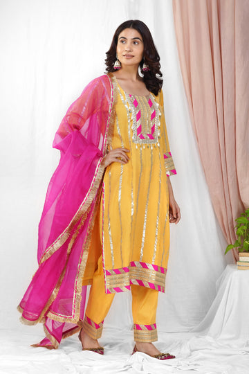 Saffron Lurex Gota Detailed Straight Suit