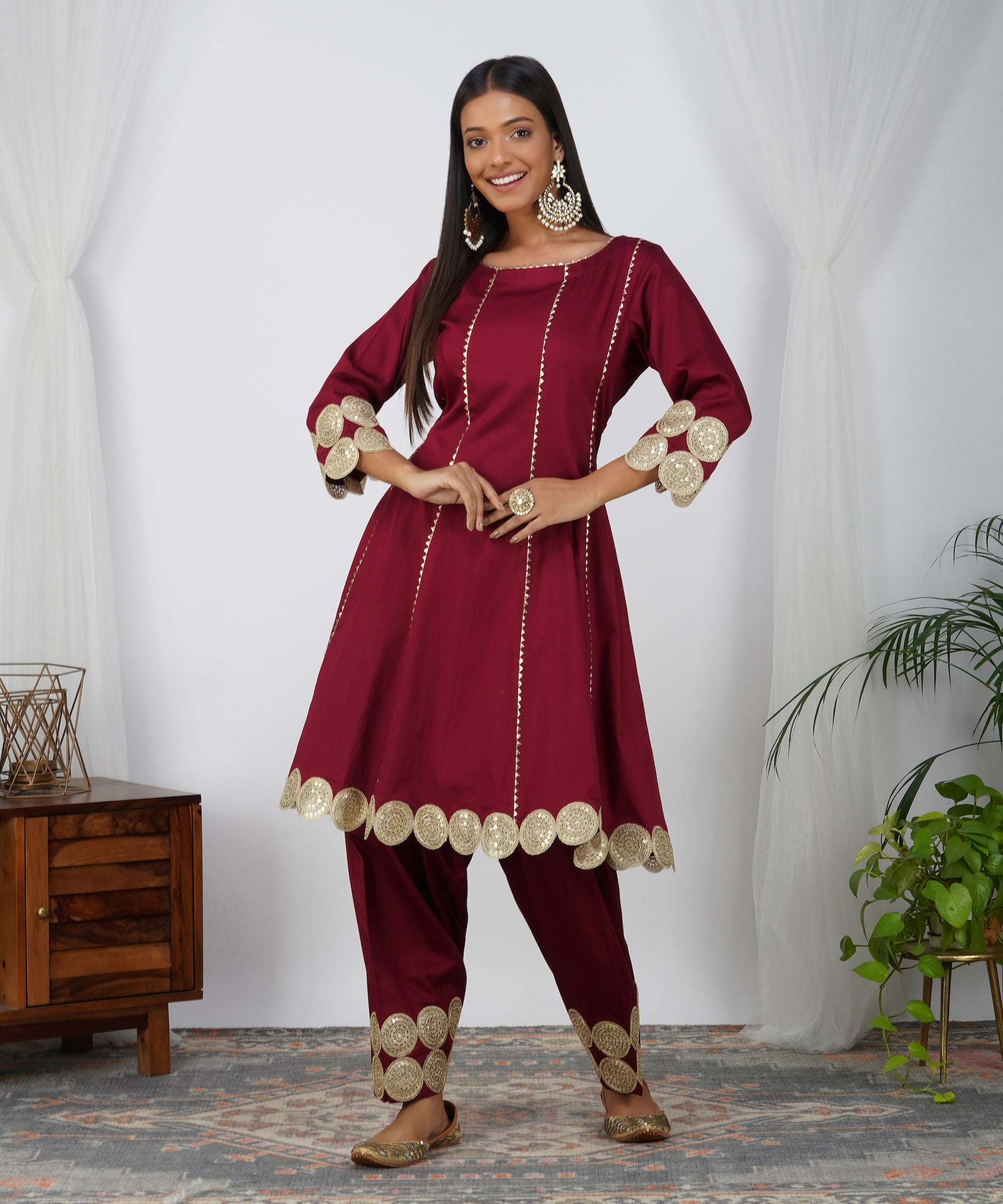 Maroon Princess Cut Suit With Pakistani Salwar & Gota Detailing Organz