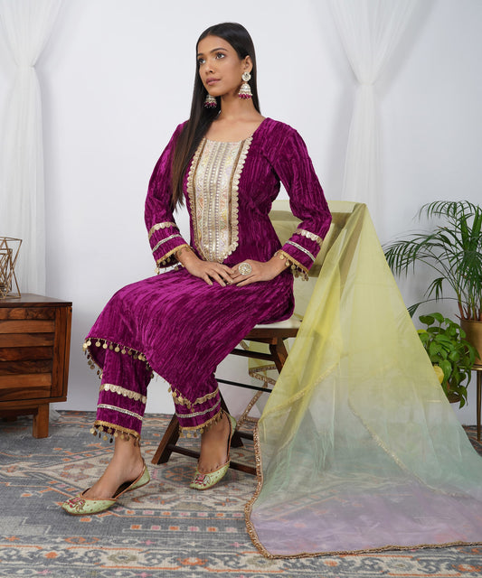 Jamuni Crushed Velvet Suit Set with Shaded Dupatta