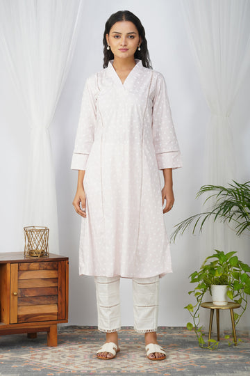 Baby Pink White Dot and Stripe Cotton Kurta Set.(SET OF 2)