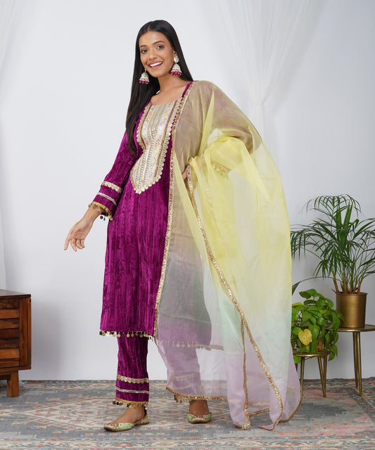 Jamuni Crushed Velvet Suit Set with Shaded Dupatta