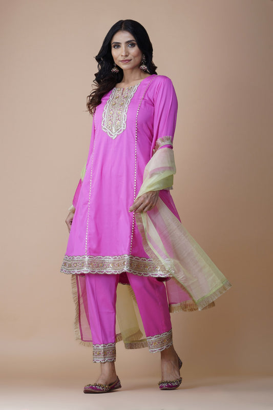 Fuscia Pink Princess Cut Suit With Straight Fit Pants & Shaded Dupatta