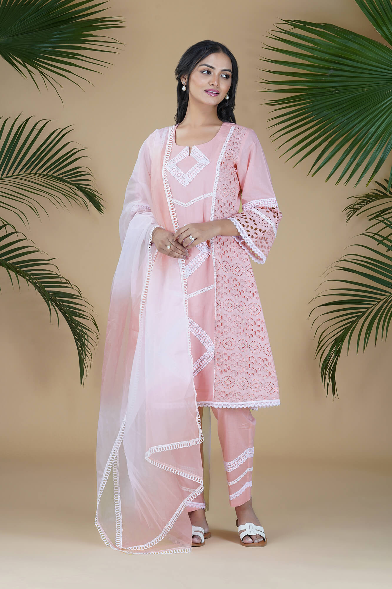 Flamingo Pink ISABELLA Barfi Chikan A-line Suit Set