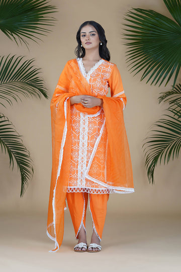 Orange MARBELLA Embroidered A-line Suit Set with Tulip Pants