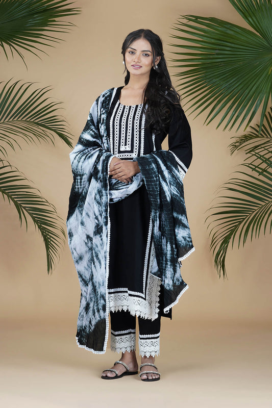 Black Straight Fit White Lace Suit Set with Tye & Dye Dupatta