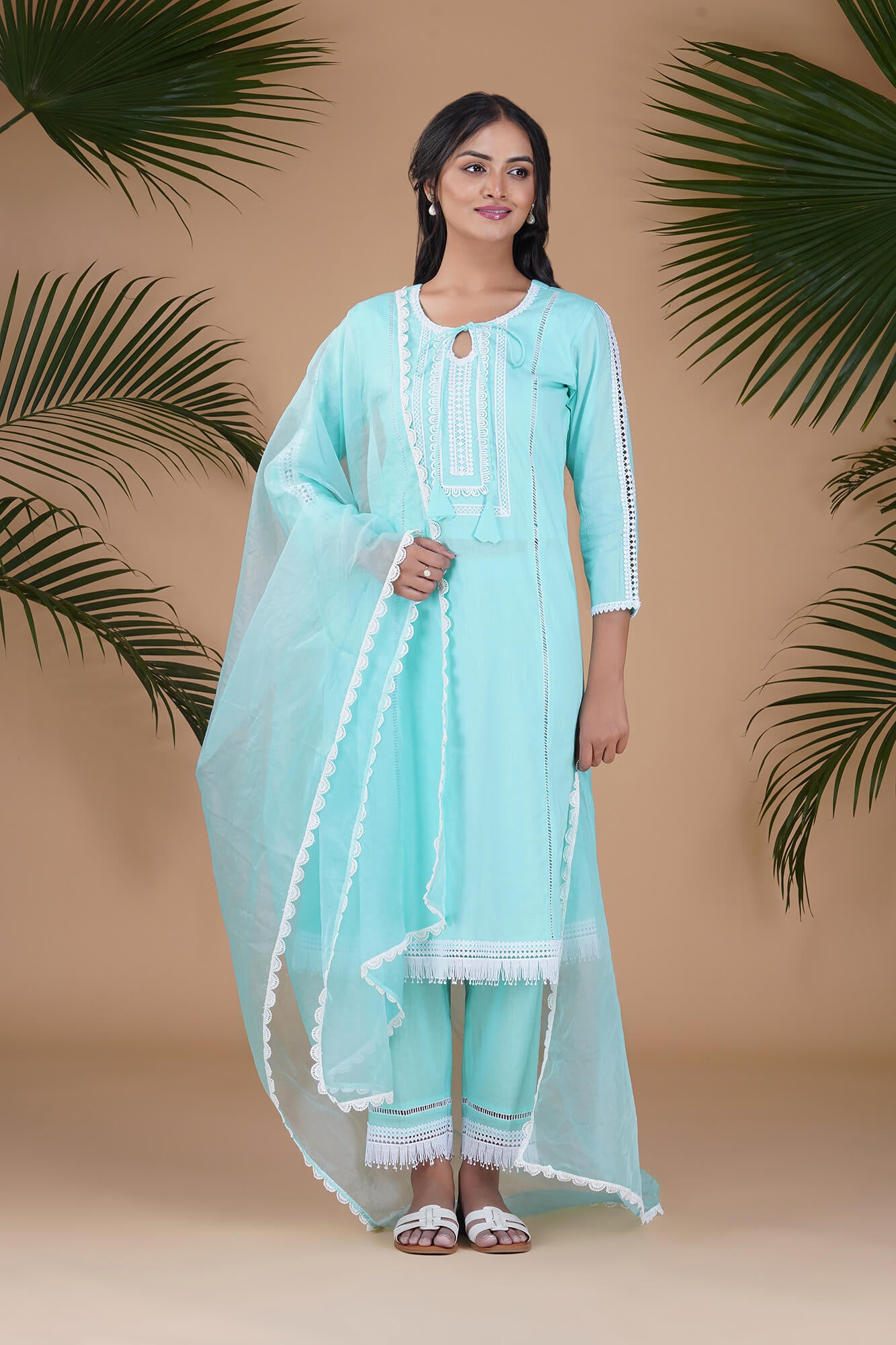 Aqua Blue With White Lace Detailing A-line Suit Set