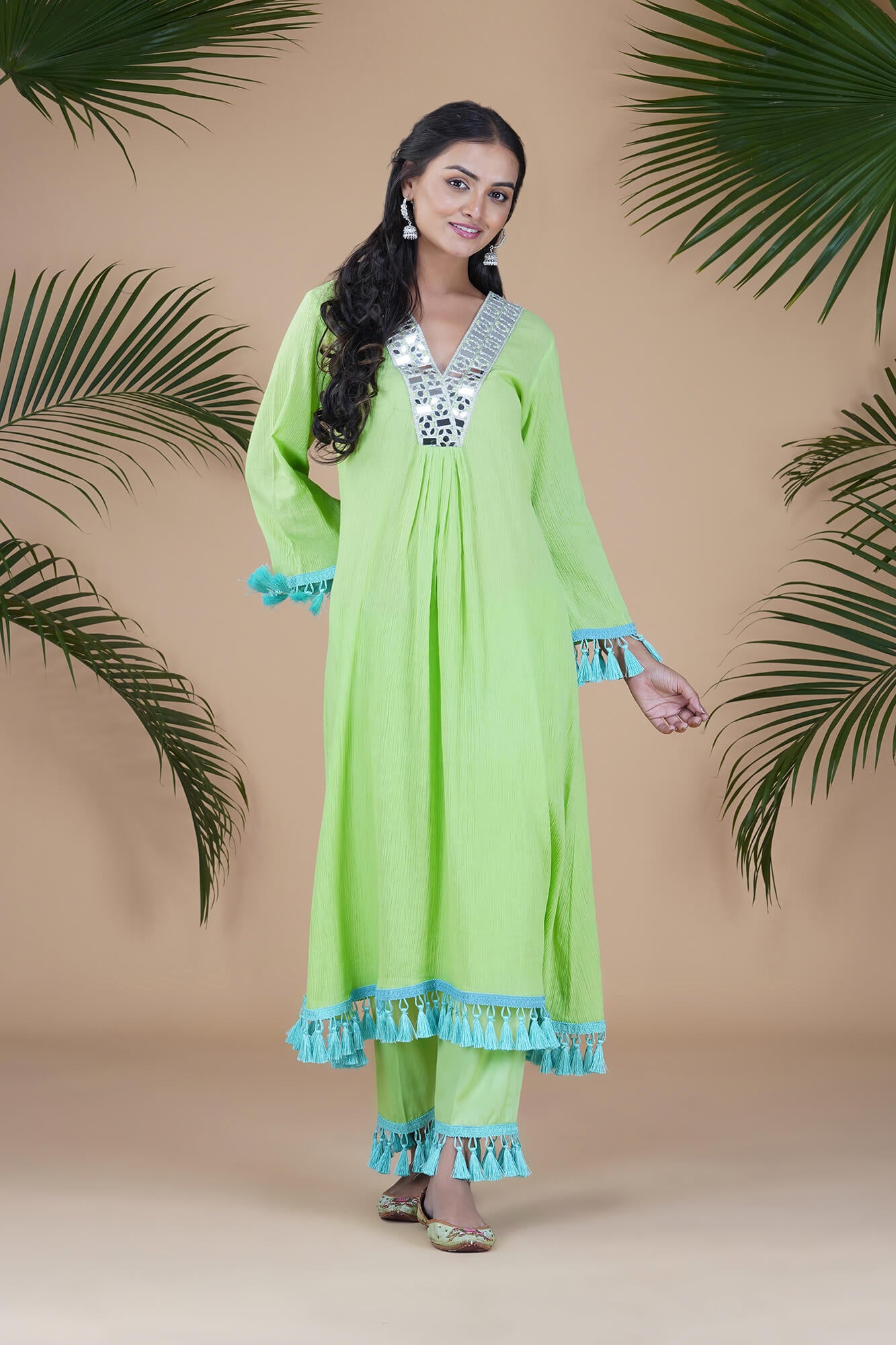 Lime Green TASSEL Wrinkled Cotton Pleated Tunic Set