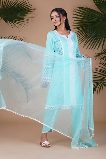 Aqua Blue ISABELLA Chikan Panelled A-line Suit Set