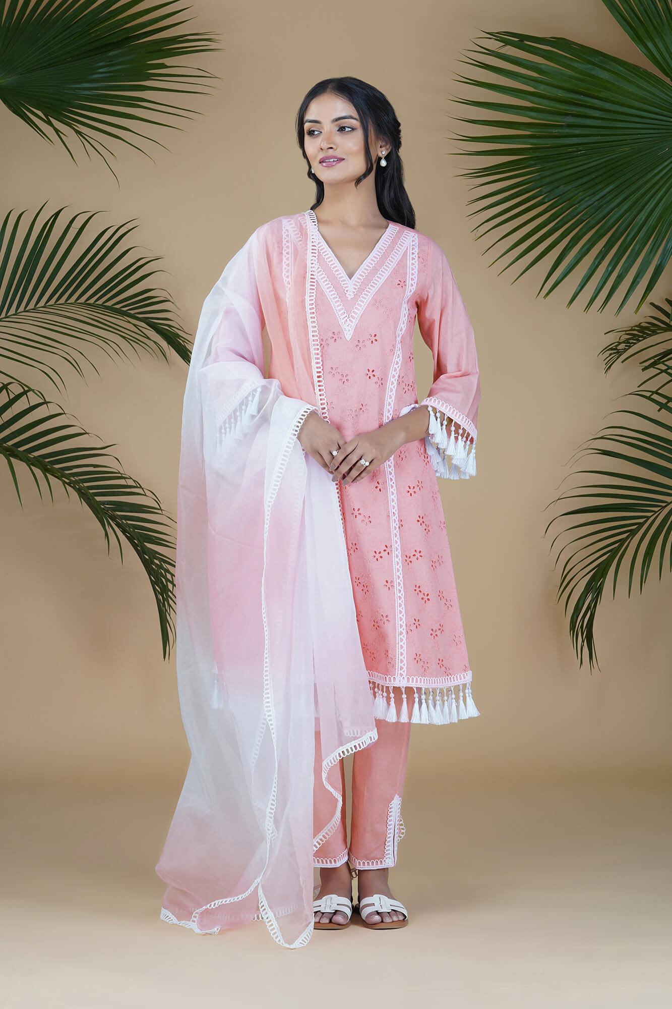 Flamingo Pink NORA Chikan Embroidered A-line Tassel Suit Set