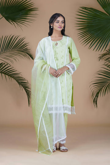 Tea Green NORAH Straight Fit Embroidered Suit Set