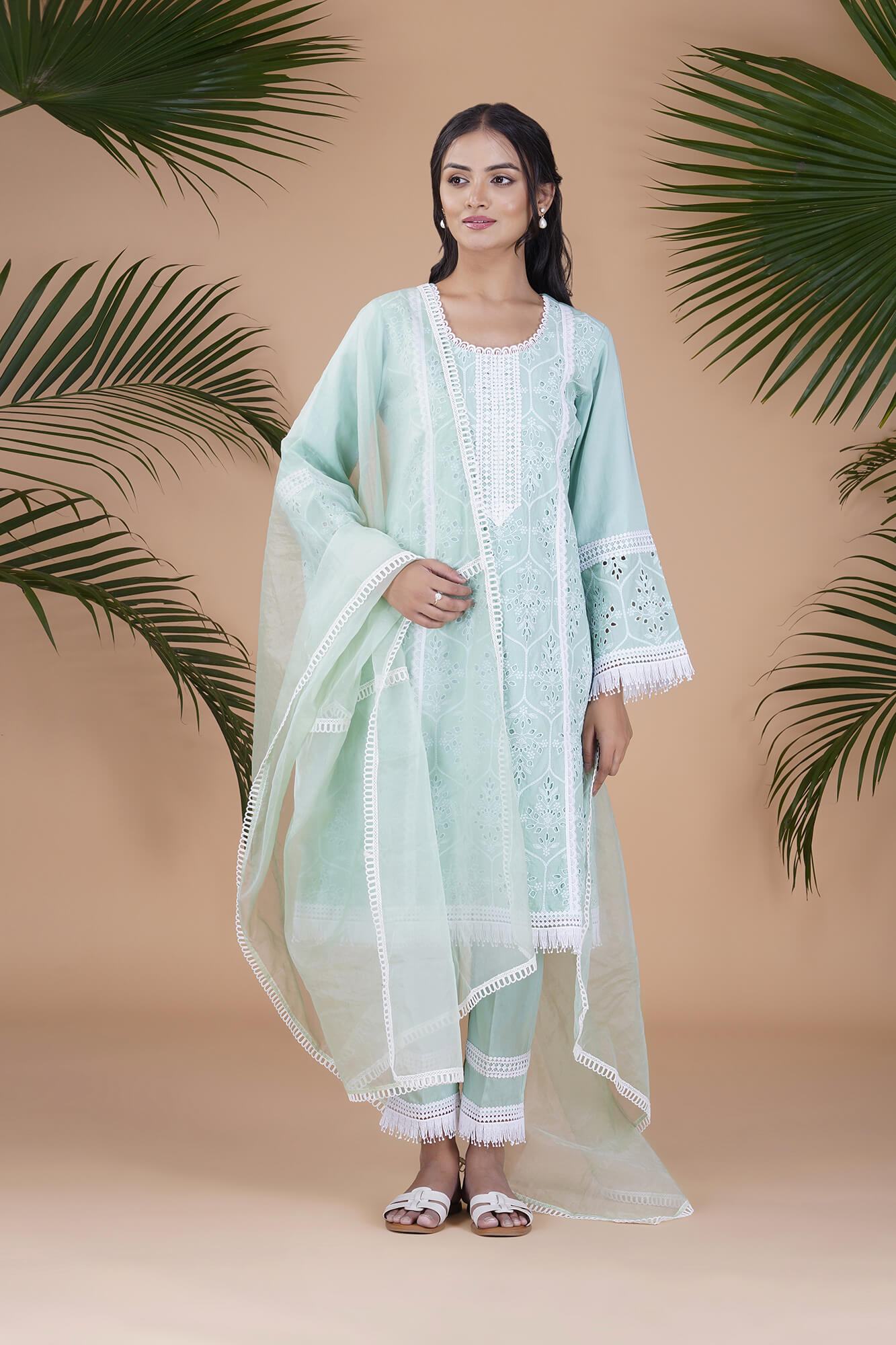 Green Ethnic Embroidered Organza A-Line Suits Set With Dupatta