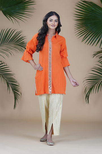 Orange Wrinkled Mirror Work Co-ord Set With Lurex Pants