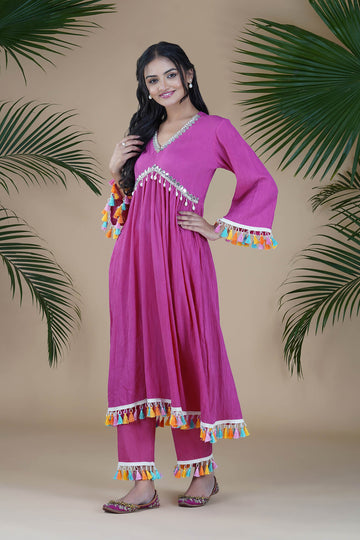 Fuschia Pink TASSEL Wrinkled Cotton Pleated Tunic Set