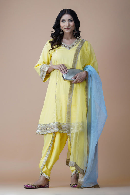 Bright Yellow Princess Cut Suit With Dhoti Pants & Shaded Dupatta