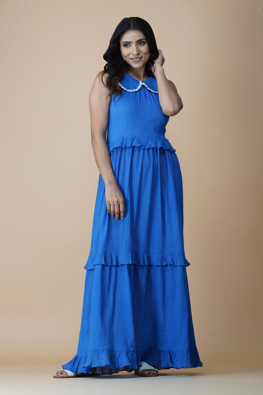 Blue Peterpan Collar Tiered Dress