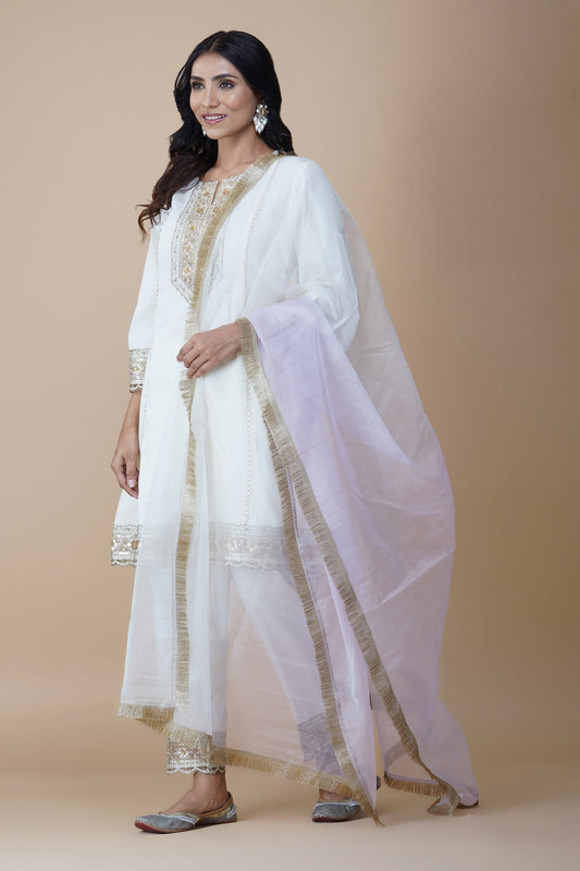 Off-White Princess Cut Suit With Straight Fit Pants & Shaded Dupatta