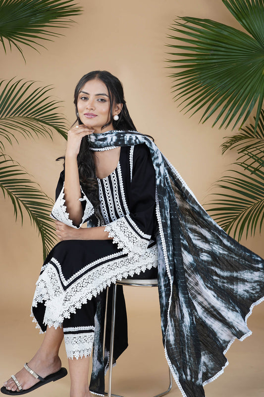 Black Straight Fit White Lace Suit Set with Tye & Dye Dupatta