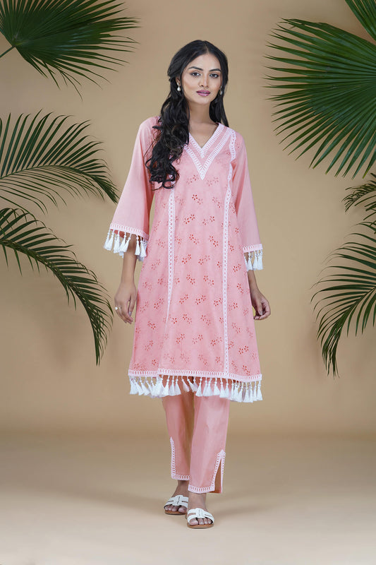 Flamingo Pink NORA Chikan Embroidered A-line Tassel Suit Set