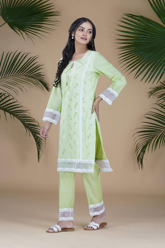 Tea Green NORAH Straight Fit Embroidered Suit Set