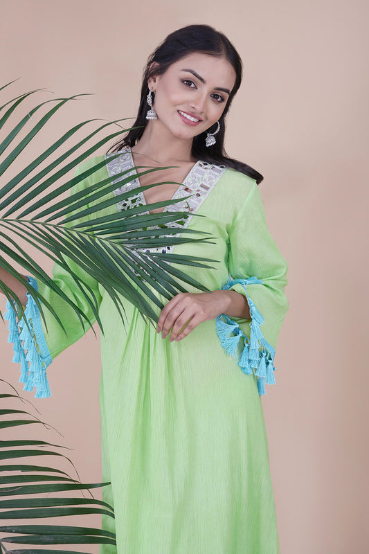 Lime Green TASSEL Wrinkled Cotton Pleated Tunic Set