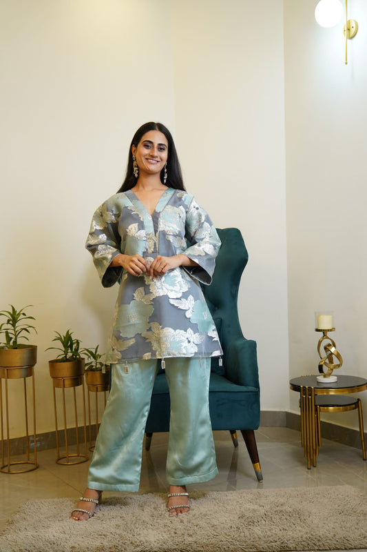Blue Floral Foil Cutdana Cordset with Bellbottoms