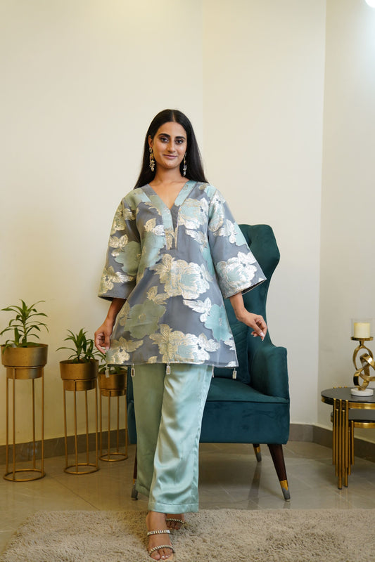 Blue Floral Foil Cutdana Cordset with Bellbottoms