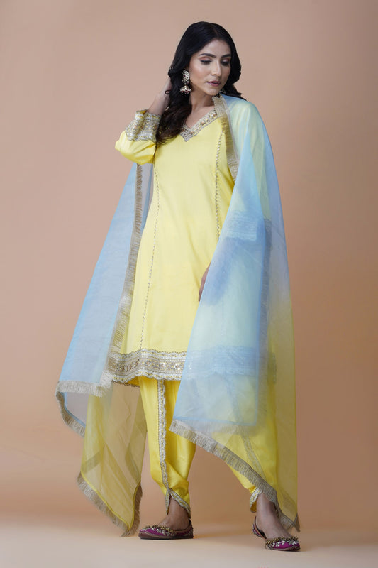 Bright Yellow Princess Cut Suit With Dhoti Pants & Shaded Dupatta