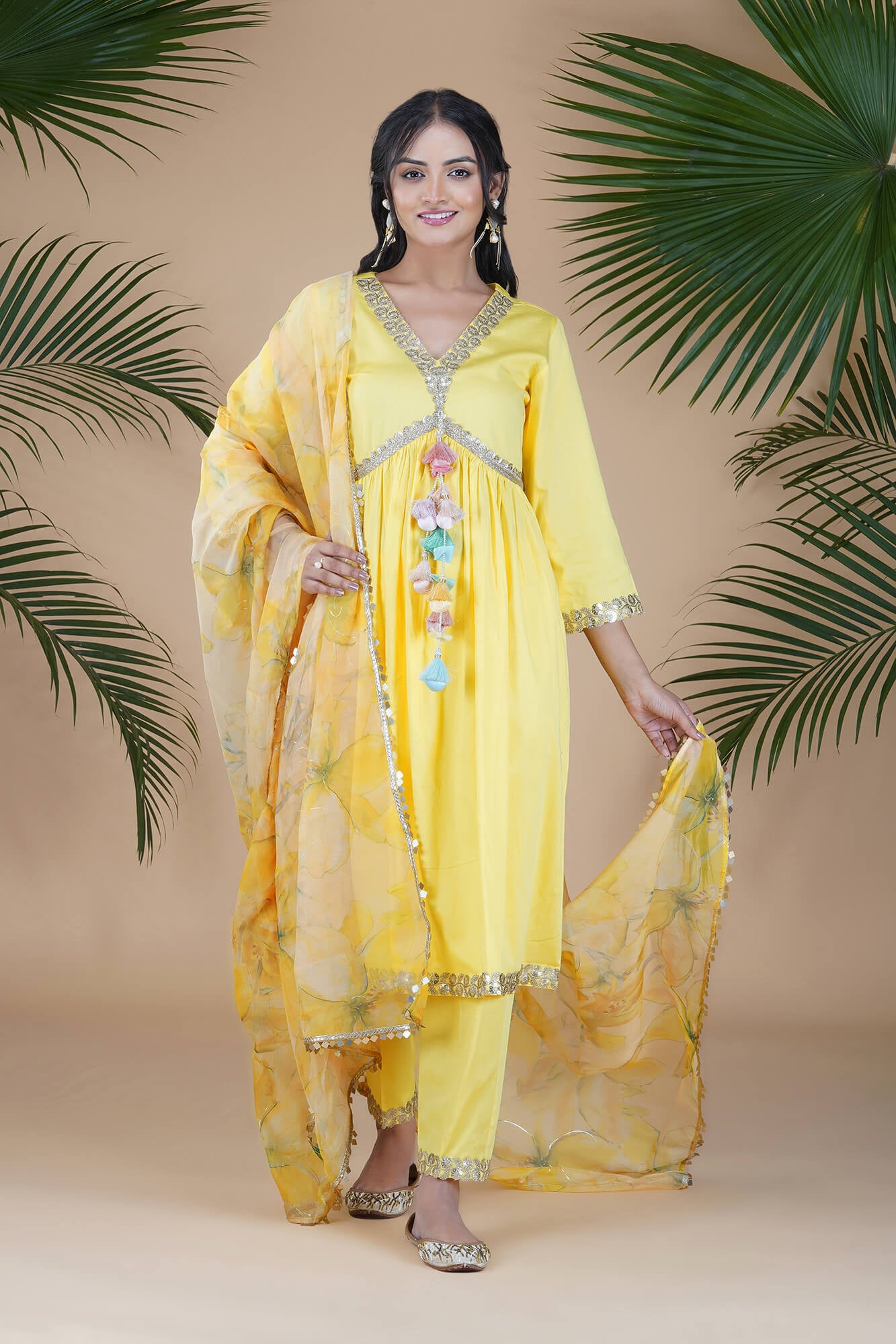 Sunflower Yellow Gold Lace Pleated Tassel Suit Set with Printed Dupatta