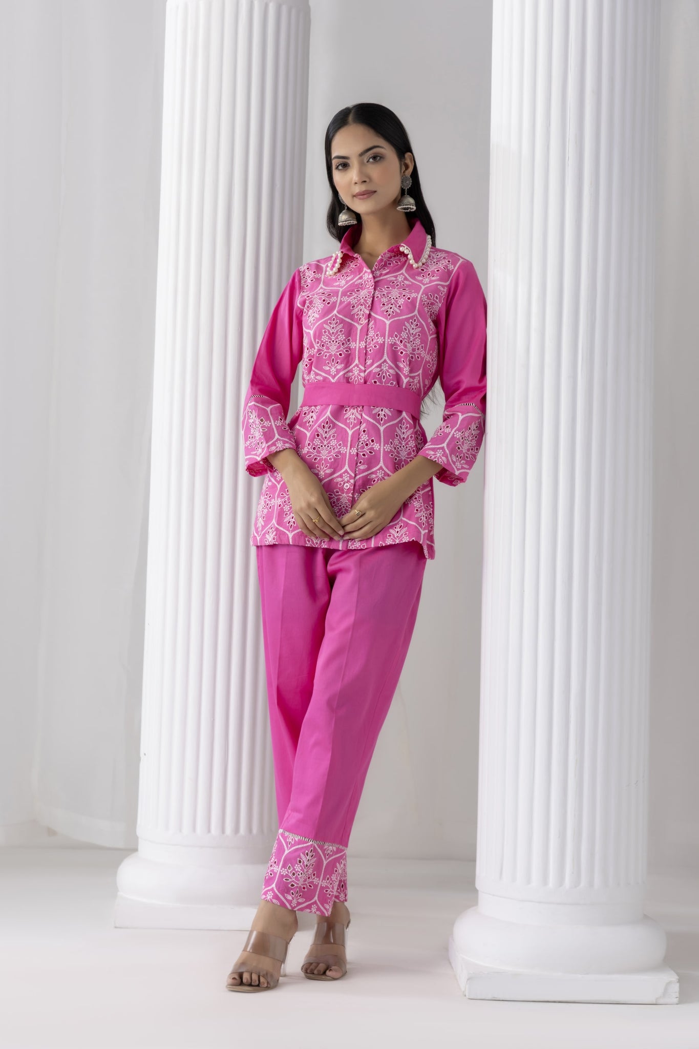 Fuschia MARBELLA Chikan Co-ord Set with Belt