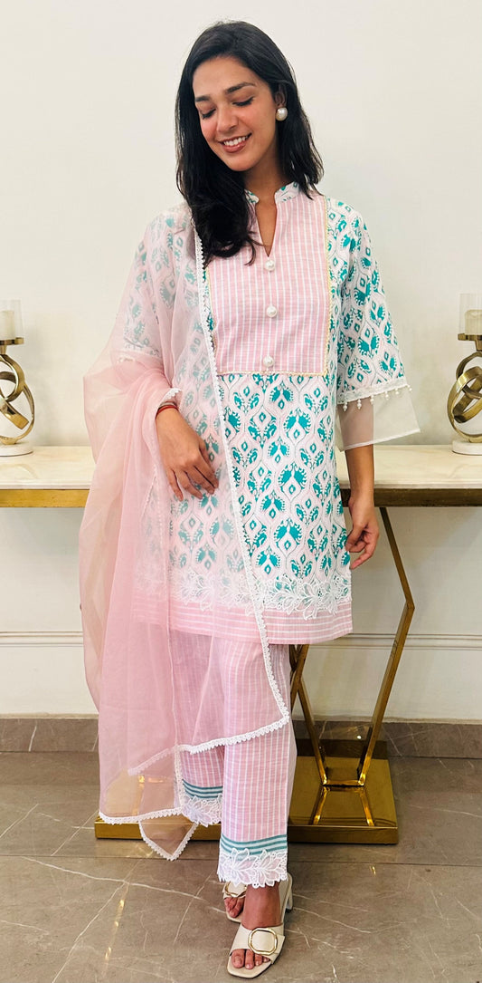 Green Ikat printed set with pink stripes