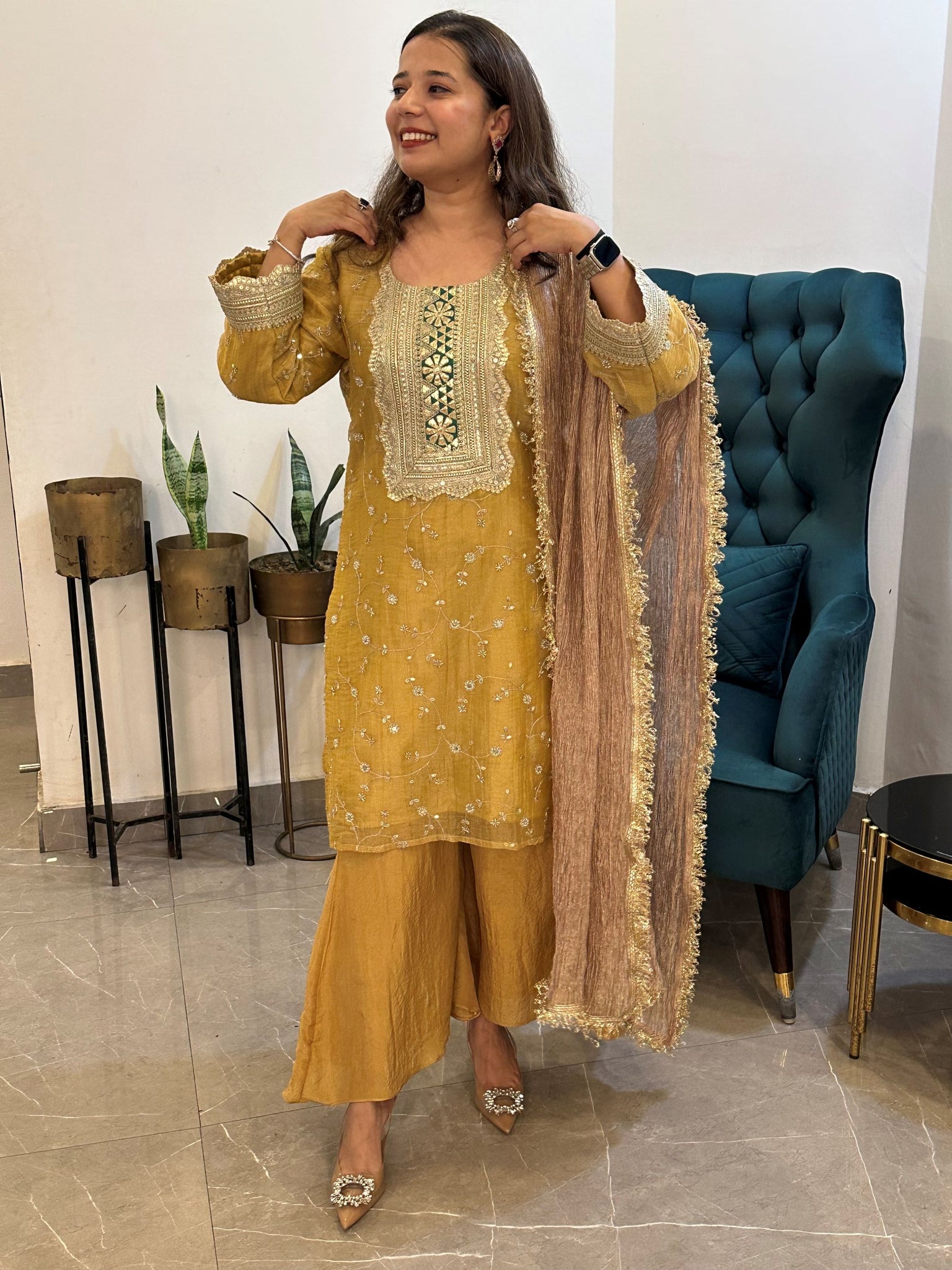 Gold Embroidered Tissue set  with Gharara Pants