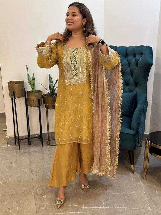 Gold Embroidered Tissue set  with Gharara Pants