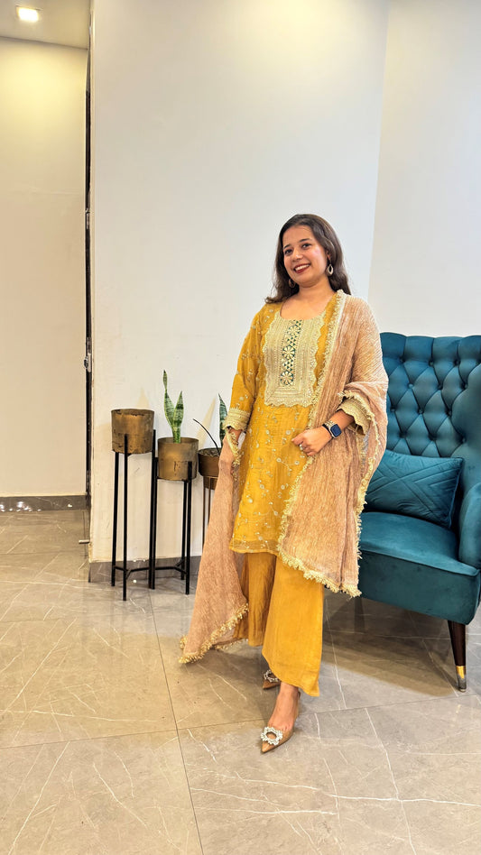 Gold Embroidered Tissue set  with Gharara Pants