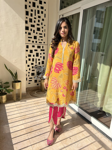 Yellow and Pink Floral Printed Crepe Kurta Set. (SET OF 2)