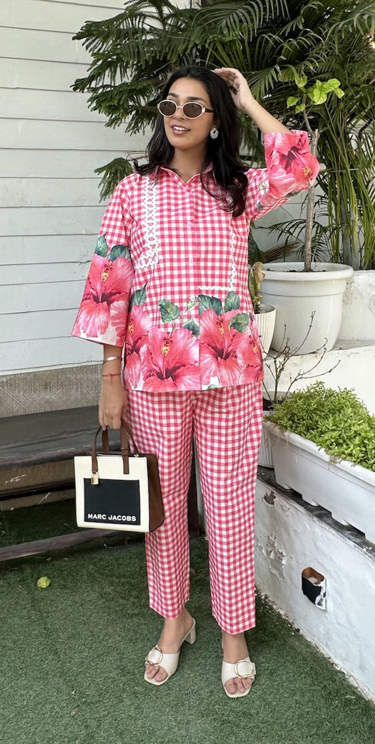 Playful Gingham Checks with Floral Print.