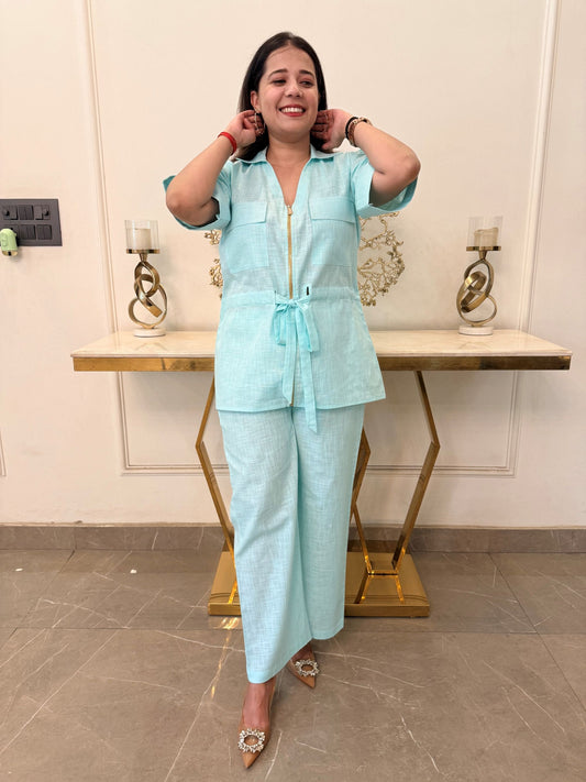 Sea Blue - Green Linen Tie Up Co Ord SSet